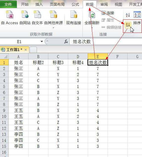 EXCEL怎样统计名单表中出现人名的次数,并按次数的多少自动排序 