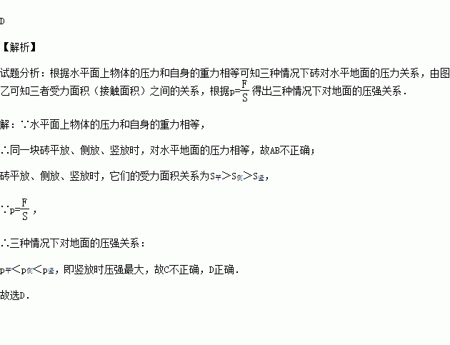 将同一块砖分别平放.侧放.竖放在水平地面上.则砖对地面的压力和压强.下列说法正确的是 A.平放时压力最大.三种情况下压强相等B.竖放时压力最大.压强也最大C.三种情况下压力相等 