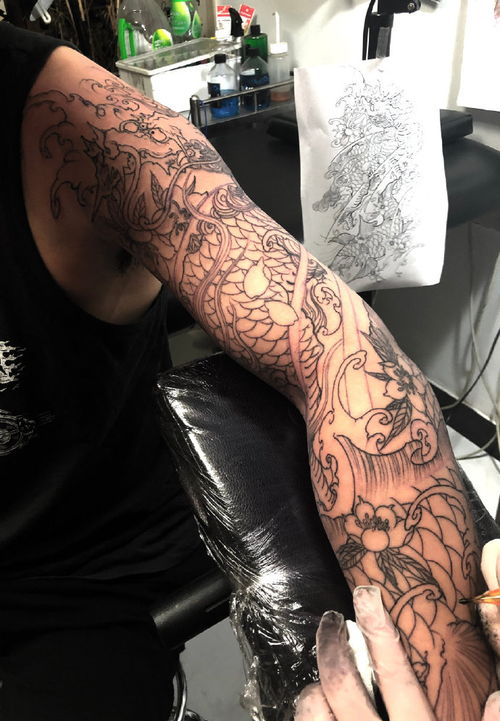 麒麟鲤鱼花臂纹身设计流程
