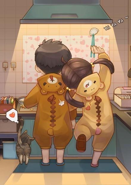 求一张一男一女穿着棕色小熊睡衣在厨房夹着饺子的情侣动漫图的真人版 
