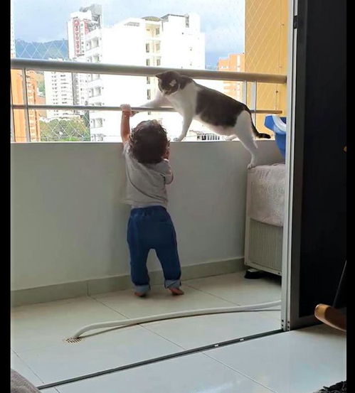 儿子想要爬阳台栏杆,猫咪感知到了危险去阻拦他 不允许爬上来