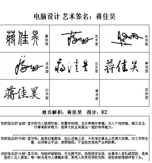 哪位大师帮忙设计一下蒋佳昊的艺术签名 附姓名解析 