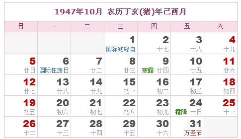 1947年日历表 1947年农历表 1947年是什么年 阴历阳历转换对照表 