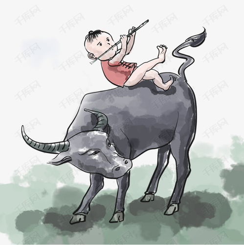牧童水牛主题骑牛吹笛水墨风格手绘素材图片免费下载 千库网 